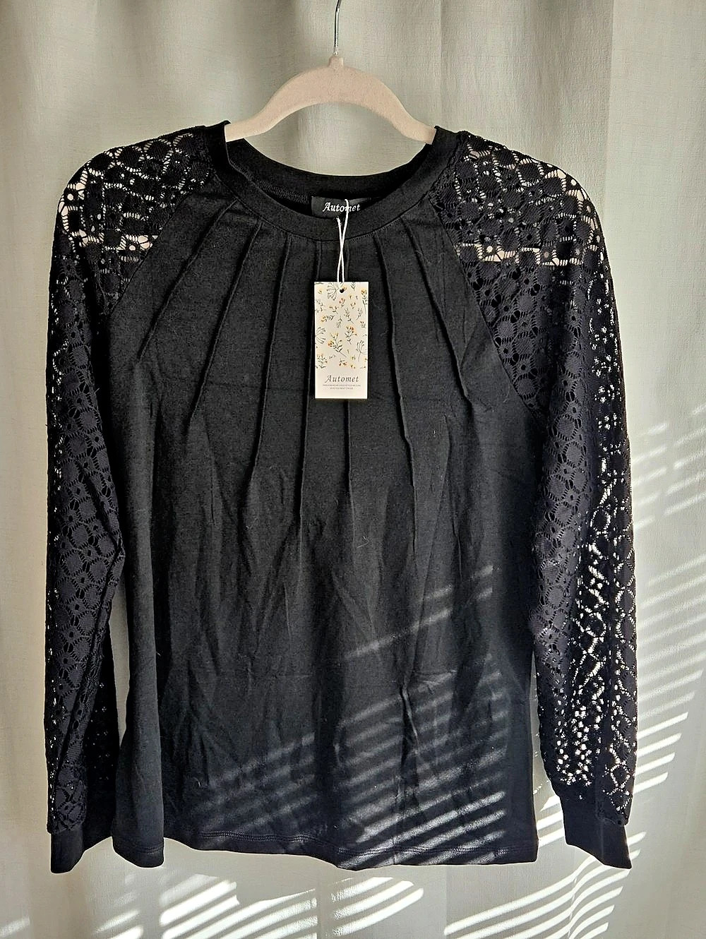 Automet Women'Small Long Sleeve Pleated Lace Top Black Size Small